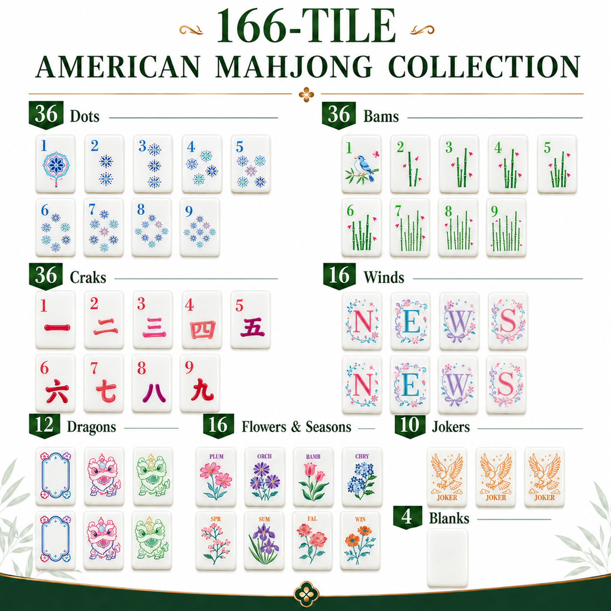MAJLUX Botanical Melamine American Mahjong Tile Set — 42 mm