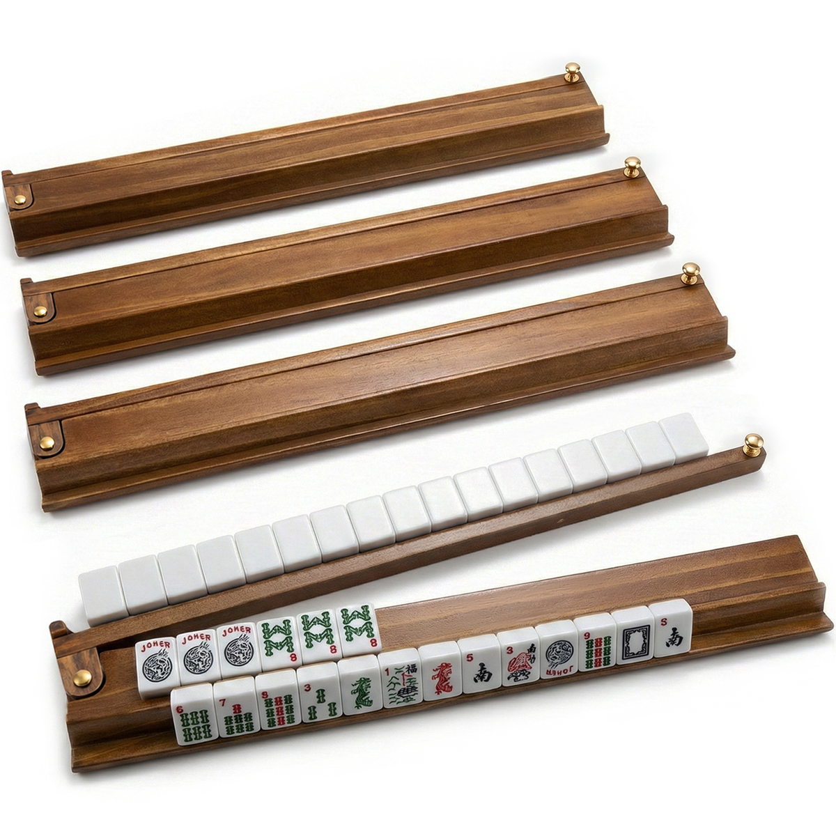 MAJLUX Wooden Mahjong Racks & Pushers — Walnut, 21″