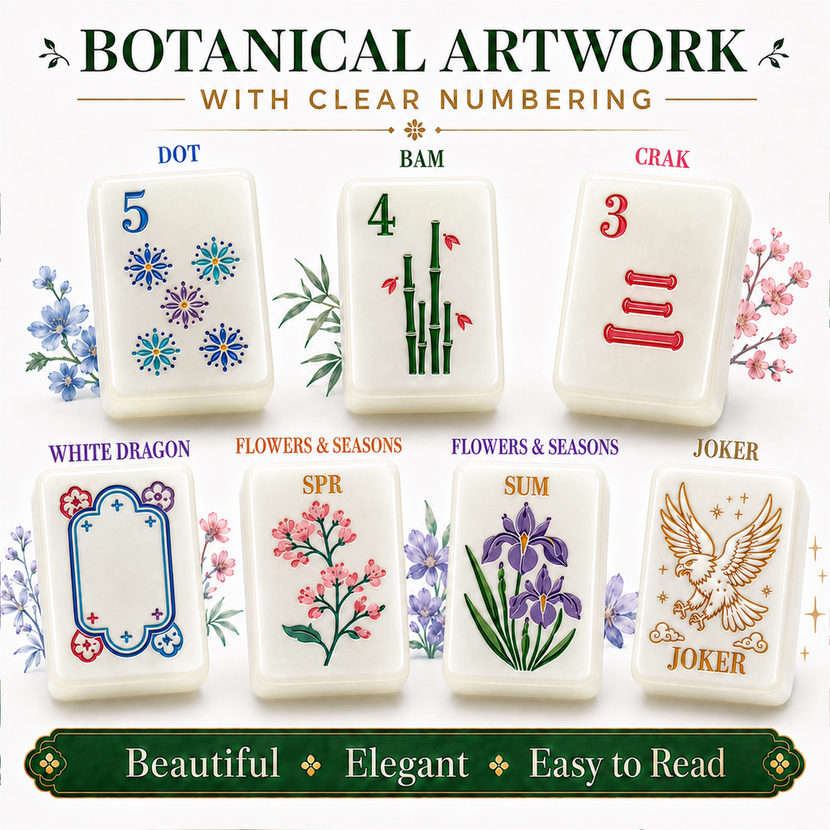 MAJLUX Botanical Melamine American Mahjong Tile Set — 30 mm