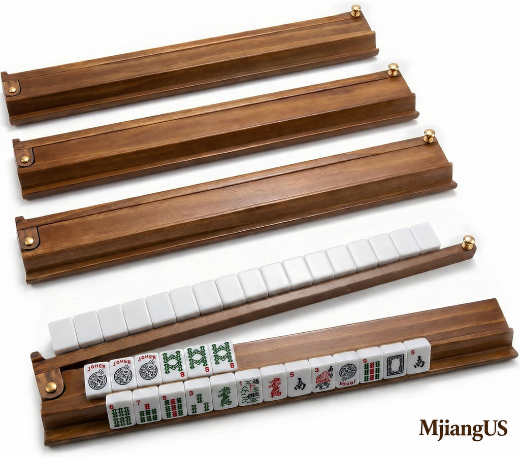 MjiangUS 21 inch burnt color wooden American Mahjong racks with pushers, set of 4